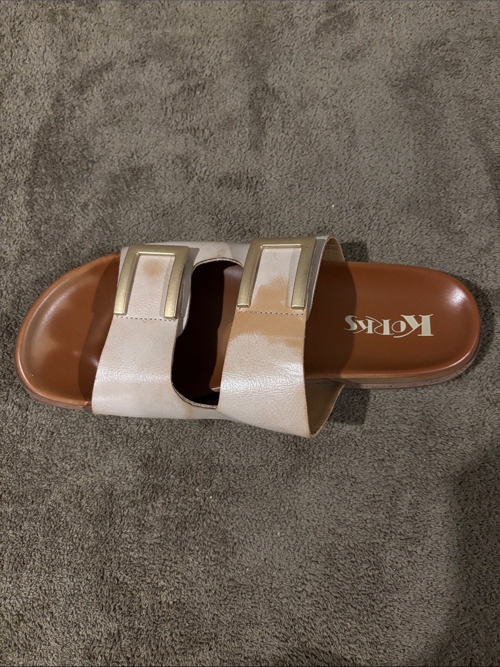 Korks Tan Aurianna Footbed Slide In Sandals w/Gold Buckle Velcro Closure-SZ 10 - Picture 2 of 5